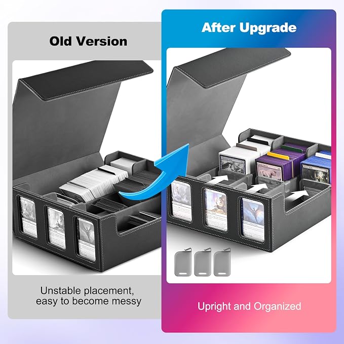 UAONO Card Storage Box for Trading Cards, 1800+ Commander Deck Box for MTG with Display Window, Toploader Card Case fits Magic TCG PTCG Sports Cards; 10 Removable Divider Tabs, 3 Stoppers (Black)