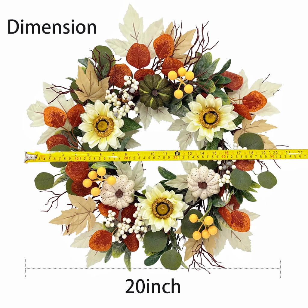 20 Inch Fall Sunflower Wreath for Front Door, Artificial Autumn Wreath with Pumpkins, Berries, White Sunflowers and Silk Leaves for Thanksgiving Farmhouse Home Window Wall Office Indoor Outdoor Decor