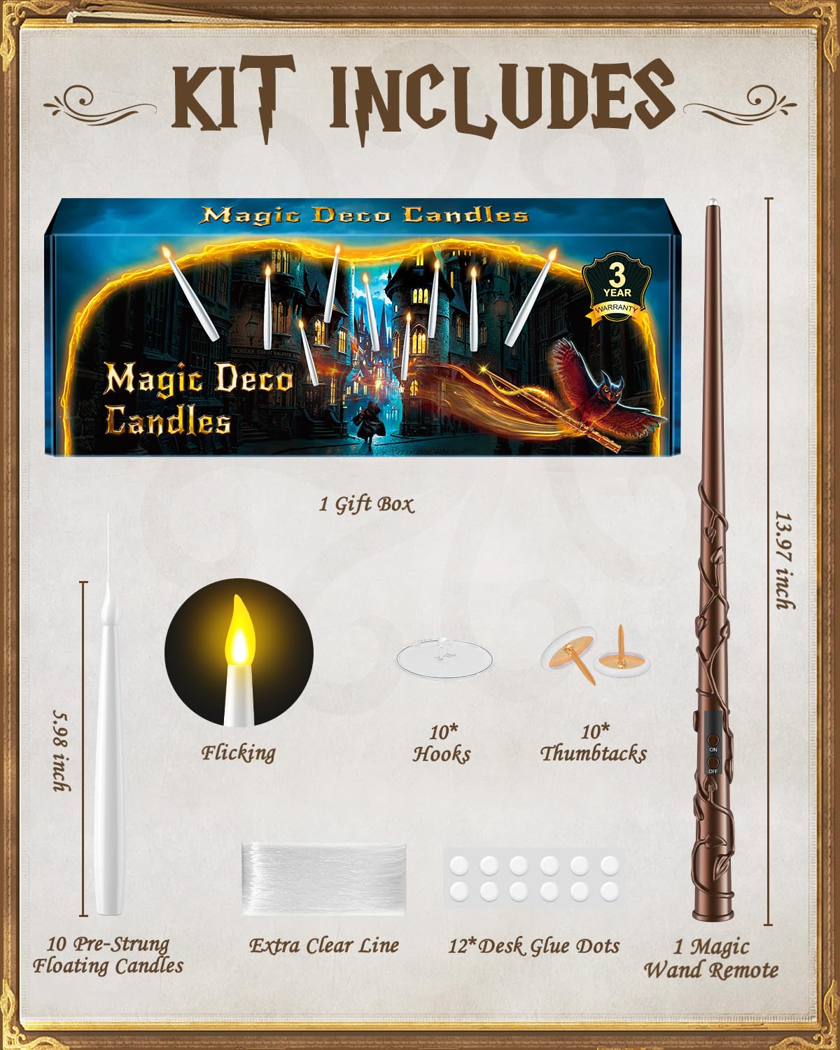 Floating Candles with Wand - Christmas Magic Hanging Flameless Candles Taper Candles with Remote for Halloween Window Home Bedroom Birthday Party Decorations (10 PCS White Candles + 1 Brown Wand)
