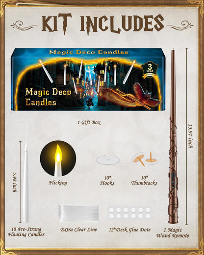 Floating Candles with Wand - Christmas Magic Hanging Flameless Candles Taper Candles with Remote for Halloween Window Home Bedroom Birthday Party Decorations (10 PCS White Candles + 1 Brown Wand)