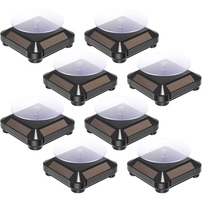 Xuhal 8 Pcs Solar Rotating Stand Turntable Battery Powered Double Use Solar Display Stand Jewelry Spinner 360 Degrees Solar Showcase Base Watch Hobby Collection Shelf for Table (Black)