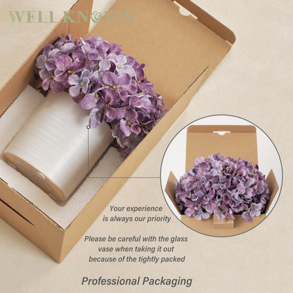 Hydrangea Fake Flowers in Vase, Artificial Flowers with Ceramic Vase Small Faux Potted Floral Arrangements for Bathroom Home Desk Kitchen Counter Vanity Shelf Coffee Table Centerpiece Decor (Purple)