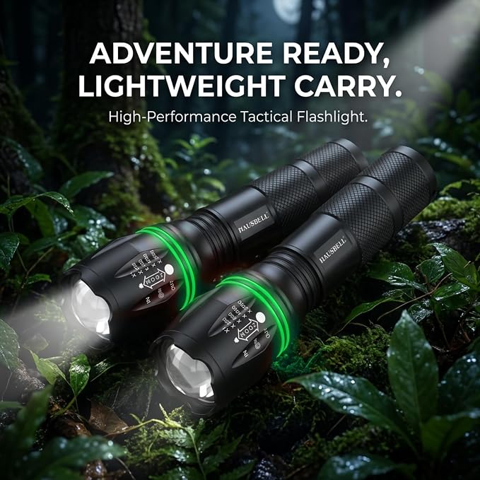 HAUSBELL T8 A100 2000 Lumen Flashlight 4 Pack with Glow-in-Dark Ring, Heavy-Duty Aluminum Tactical Flashlights High Lumens, 5 Modes Zoomable Waterproof LED for Emergency Camping Hiking Home Use