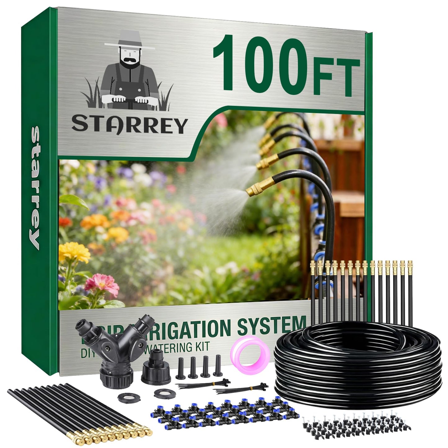 Starrey Drip Irrigation System, 2026-Upgrade 100Ft 1/4" Garden Watering System with 24 Pcs 360° Adjustable Copper Nozzles, DIY Kit for Garden, Lawn, Greenhouse, Raised Beds & Outdoor Plants