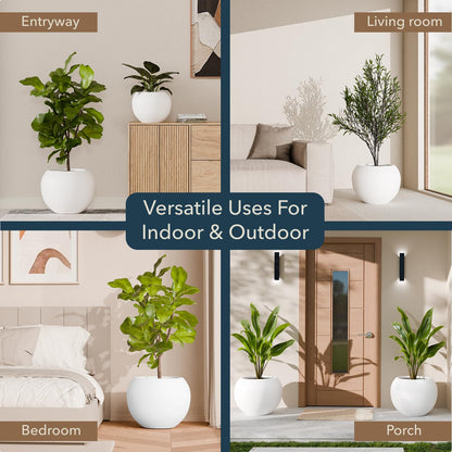 KUTE NEST 12.8"H x 16"D Premium Globo Fiberstone Round Planter with Drainage Hole, Smooth Finishes, Weather Resistant for Indoor and Outdoor Use, Included 2 Extra Coco Mats (White, 10.7" Pot Opening)
