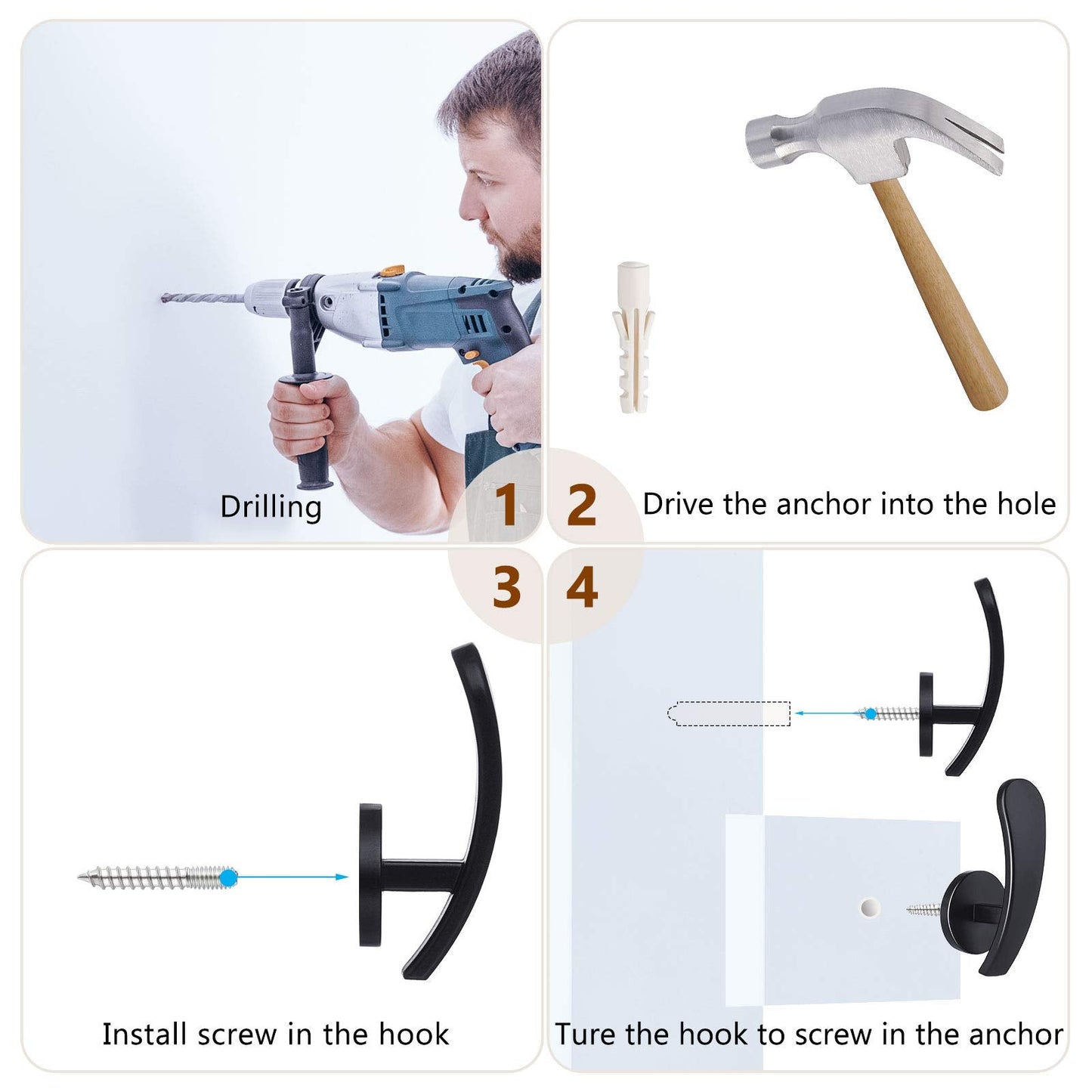 Furge 4 Pieces Curtain Holdback,Wall Mounted Hooks Drapery Tiebacks with Screws Metal Decorative Curtain Holdbacks Decorative Window Drapery Holder Curtain Hooks (Black)