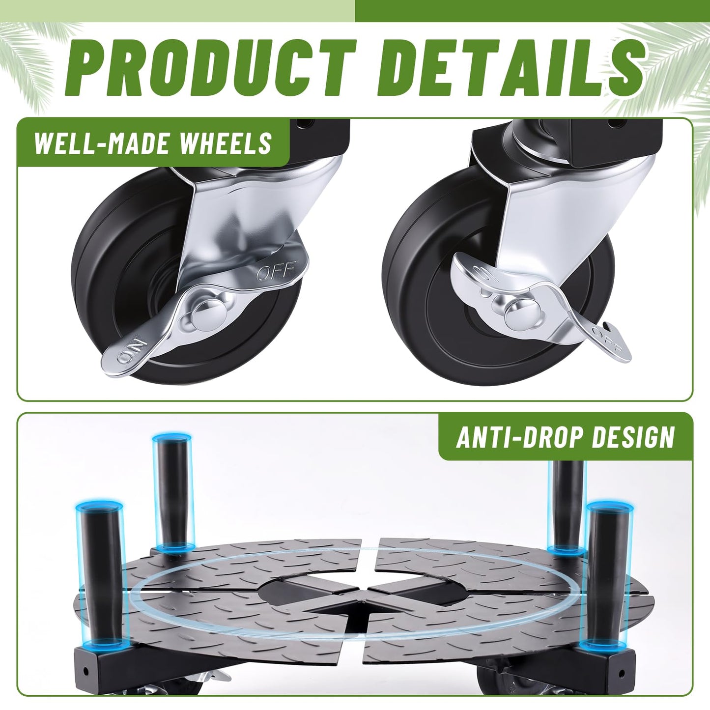 Plant Caddy with Wheels Heavy Duty, Adjustable 15-24 Inch Rolling Plant Stand with Lockable Casters, 440 Lbs Capacity Large Pot Roller Base Dolly Cart for Indoor Outdoor Use, Flower Pots, Planters