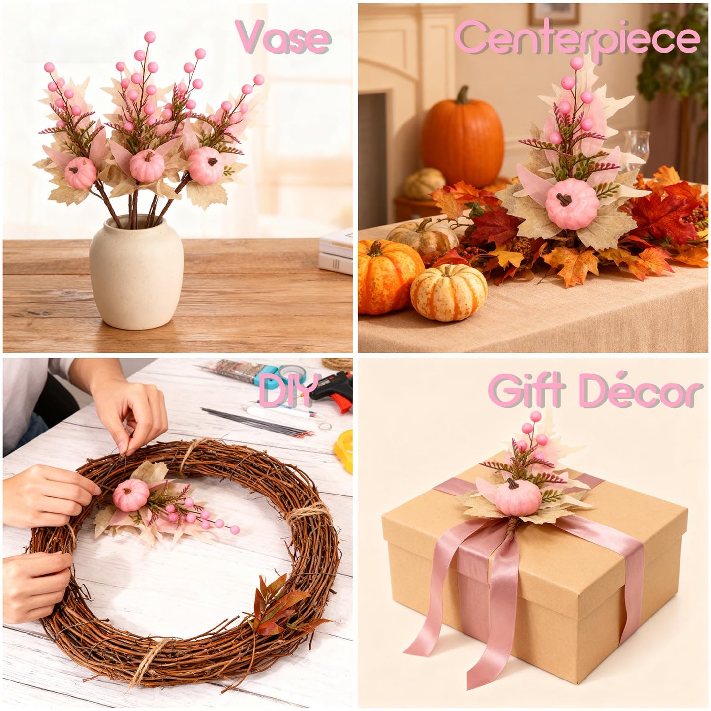 Adurself 6PCS Pink Fall Picks with Pumpkins – Artificial Autumn Floral Stems with Pink Pumpkin, Berries and Leaves for Thanksgiving Harvest Centerpiece, Vase, Home & Party Decoration