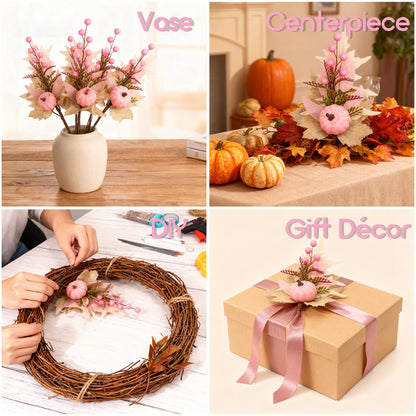 Adurself 6PCS Pink Fall Picks with Pumpkins – Artificial Autumn Floral Stems with Pink Pumpkin, Berries and Leaves for Thanksgiving Harvest Centerpiece, Vase, Home & Party Decoration