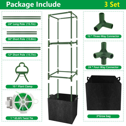 3 Set Square Tomato Cages with 18 Gallon Grow Bags, 49'' Tall Heavy Duty Steel Tomato Trellis Kit for Garden, Plant Support Tower Stakes Cucumber Pepper Trellis for Climbing Vegetable Flowers