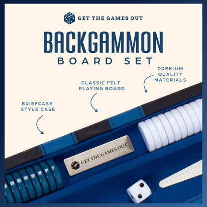 Get The Games Out Top Backgammon Set - Small Travel Size Classic Board Game Case - Best Strategy & Tip Guide (Blue, Small)