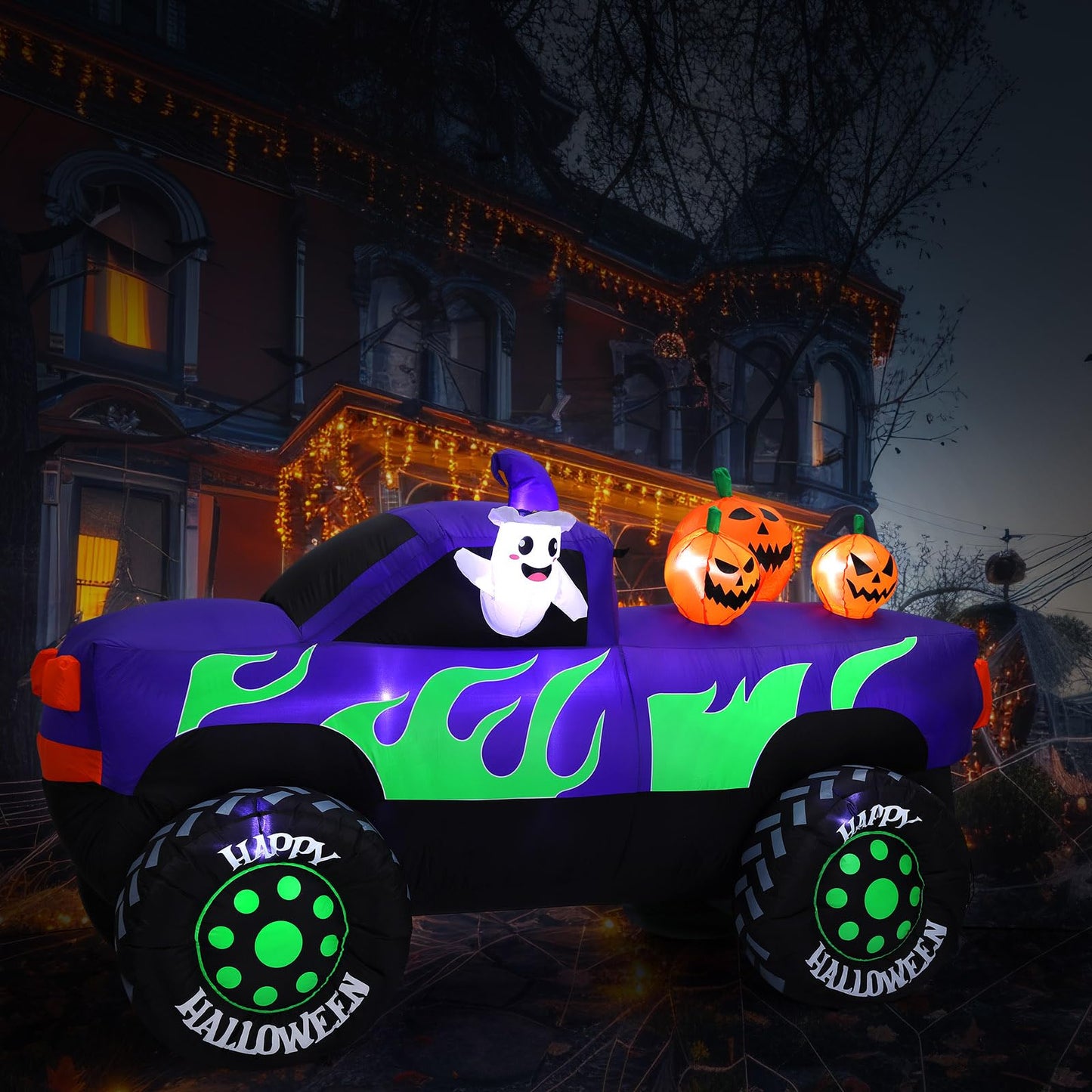 Leyndo 8 ft Long Halloween Inflatables Monster Truck Outdoor Decorations Lighted Ghost Driving Truck with Pumpkins Blow up Yard Decor with Lights for Halloween Party Indoor Family Garden Lawn Decor
