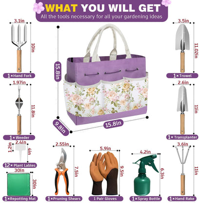 22Pcs Gardening Tools Set for Women Heavy Duty Garden Hand Tool Kit,Birthday Gifts for Mom Wife Grandma Beginner Gardening Accessories with Large Tote Bag/Shovel/Repotting Mat/Plant Labels/Gloves