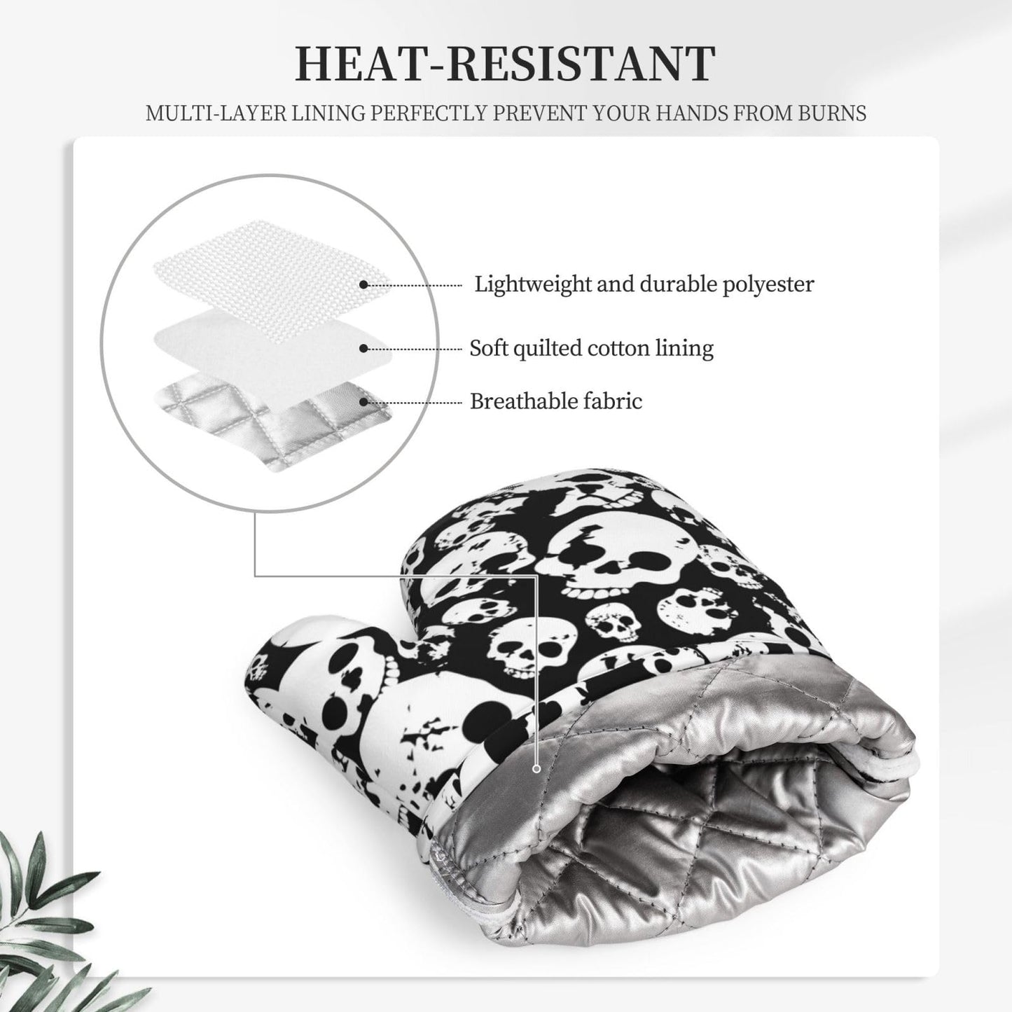 Skull Black And White Oven Mitts And Pot Holders Set Of 2 Silicone Heat Resistant Oven Mitten Potholders Non Slip Gloves Kitchen Decor For Bbq Cooking Grilling Baking