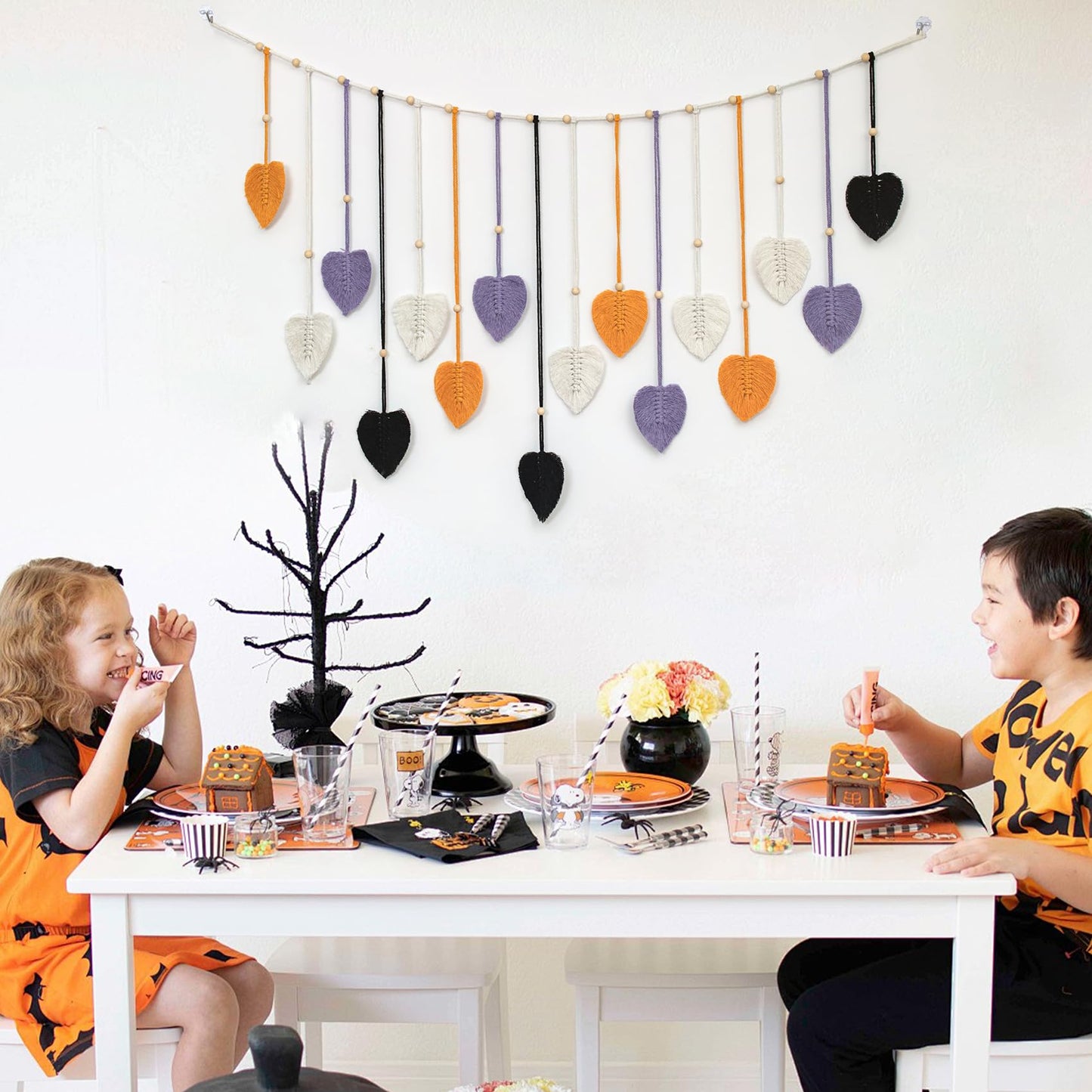 HVEST Halloween Macrame Wall Hanging Boho Decor, Purple Leaves Handmade Woven Tapestry for Bedroom Black and White Bohemian Macrame Wall Art for Living Room Decorations, 29.5L X 47W