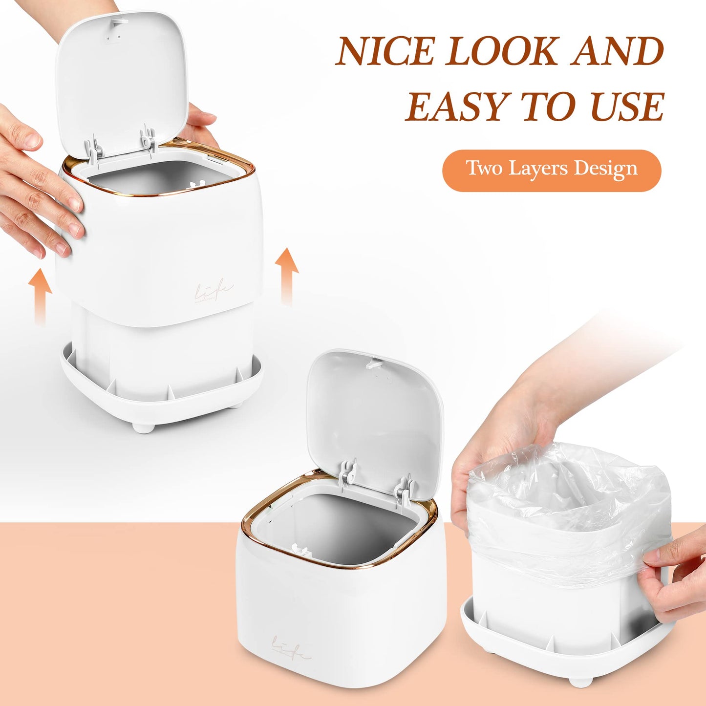 PANDENNER Mini Countertop Trash Can with 10 Rolls of Trash Bags,Tiny Desk Trash Cans with Press Type Lid, Desktop TrashCan Applicable for Bathroom Vanity Home Office (White)
