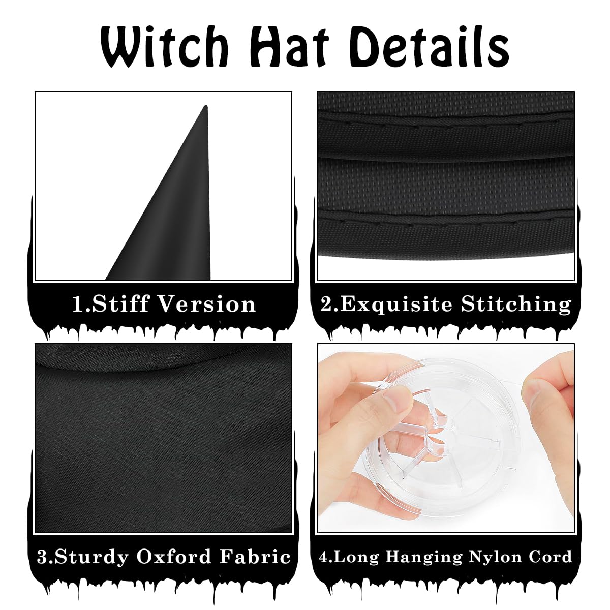 29 IYEBRAO 15 Pcs Halloween Decorative Witch Hats, Thick Black Witch Hats Bulk, With 147 FT Rope Hanging Witch Hat, Halloween Outdoor and Indoor Decoration Party Supplies, Witch Costume Accessories