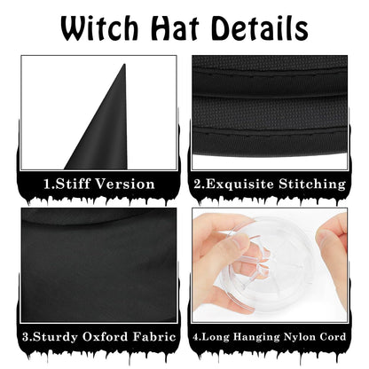 29 IYEBRAO 15 Pcs Halloween Decorative Witch Hats, Thick Black Witch Hats Bulk, With 147 FT Rope Hanging Witch Hat, Halloween Outdoor and Indoor Decoration Party Supplies, Witch Costume Accessories