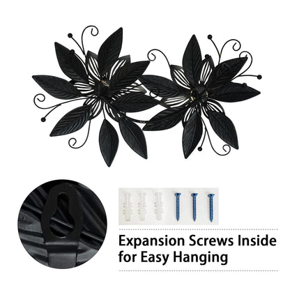 LIFFY Black Wall Decor,15" 3D Multi-layer Metal Flowers Wall Decor, Rustic Modern Floral Sculpture for Indoor Kitchen Bedroom Living Room Office Outdoor Garden Patio