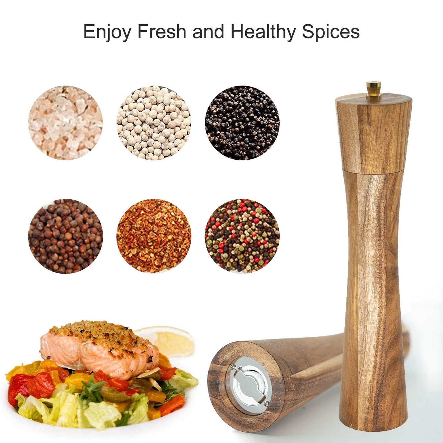 Wooden Salt and Pepper Grinder Set,Refillable Salt and Pepper Mill with adjustable Coarseness,Acacia Wood pepper grinder manual, Salt and Pepper Shaker Set Tableware Gifts-Ideal for Gifting 10IN