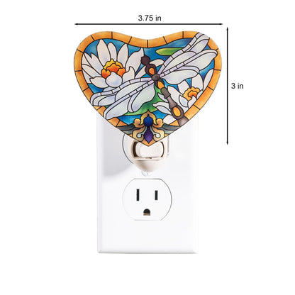Dragonfly with White Lotus Night Light – Stained Glass Styled Plug-in Wall Light for Vertical Outlets – Real Glass, Warm Glow for Bedroom, Bathroom, Hallway –Gift for Nature Lover