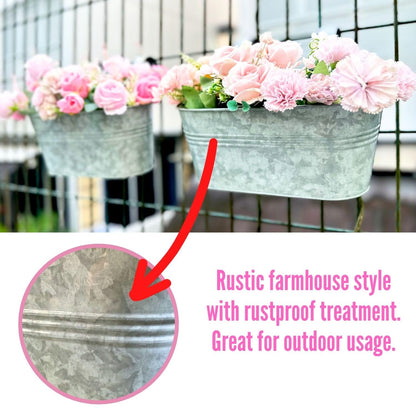 LaLaGreen Outdoor Rail Planter (11.2 Inch, 6 Pack) Silver Metal Iron Hanging Flower Pots Deck Railings Fence Buckets Modern Countryside Boho Style Wall Mount Window Box Plant Holder Hooks Porch Decor