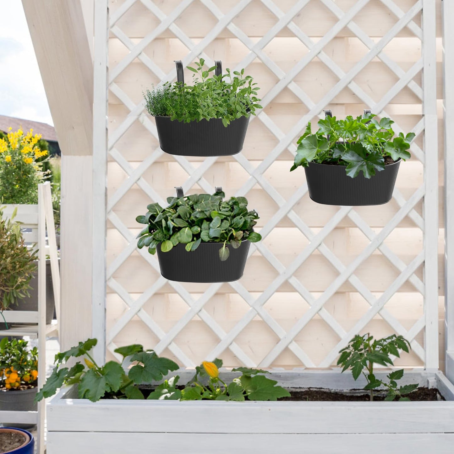 Metal Railing Planter Box 3 Pack and Small Artificial Flowers in Ceramic Vase for Decor