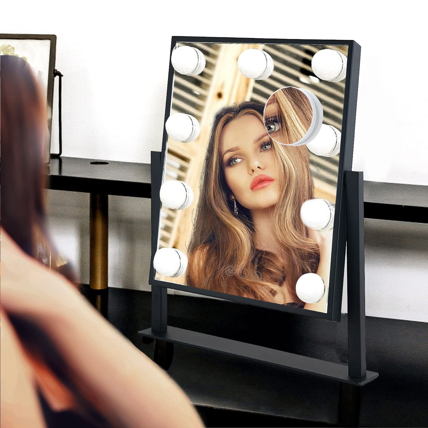 Lighted Makeup Mirror Hollywood Mirror Vanity Mirror with Lights, Touch Control Design 3 Colors Dimable LED Bulbs, Detachable 10X Magnification, 360°Rotation, (White) 12" L x 14" W