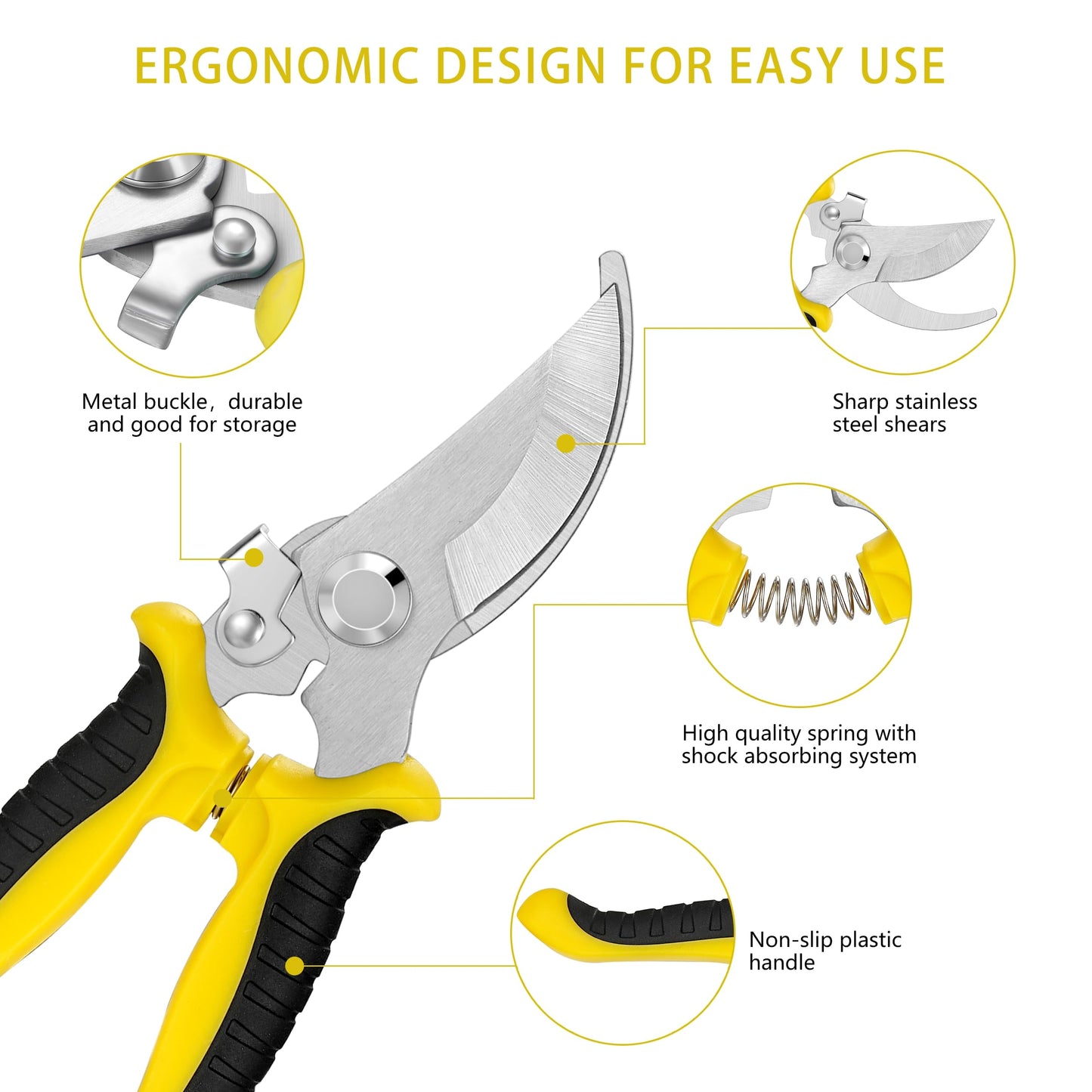 5 pack Garden Pruning Shears Stainless Steel Blades, Handheld Scissors Set with Gardening Gloves,Heavy Duty Garden Bypass Pruning Shears,Tree Trimmers Secateurs, Hand Pruner (Yellow and Black)