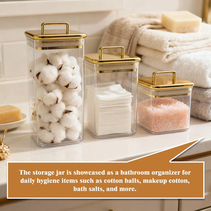 Clear Acrylic 3-Pack Apothecary Jars with Gold Lids Airtight Decorative Containers for Bathroom, Kitchen & Home Elegant Canisters for Cotton Pads, Bath Salts & Snacks