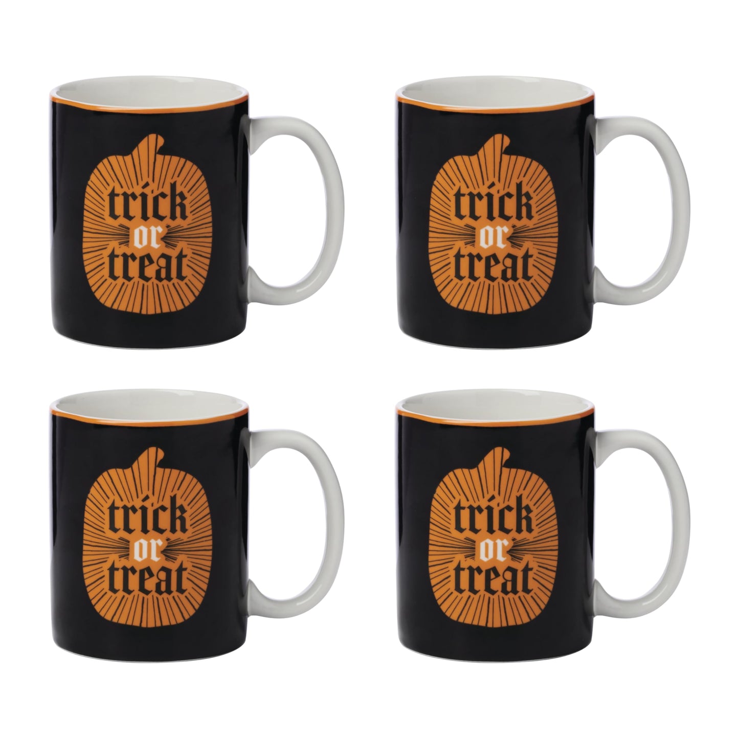 Oneida Coffee Mugs, Vintro Halloween Trick or Trick 10 Oz Mugs Set of 4, Porcelain, Spooky Drinkware Set, Dishwasher Safe, Microwave Safe, Halloween Decor Indoor, Pumpkin Decor (Orange/Black, 4 Piece)