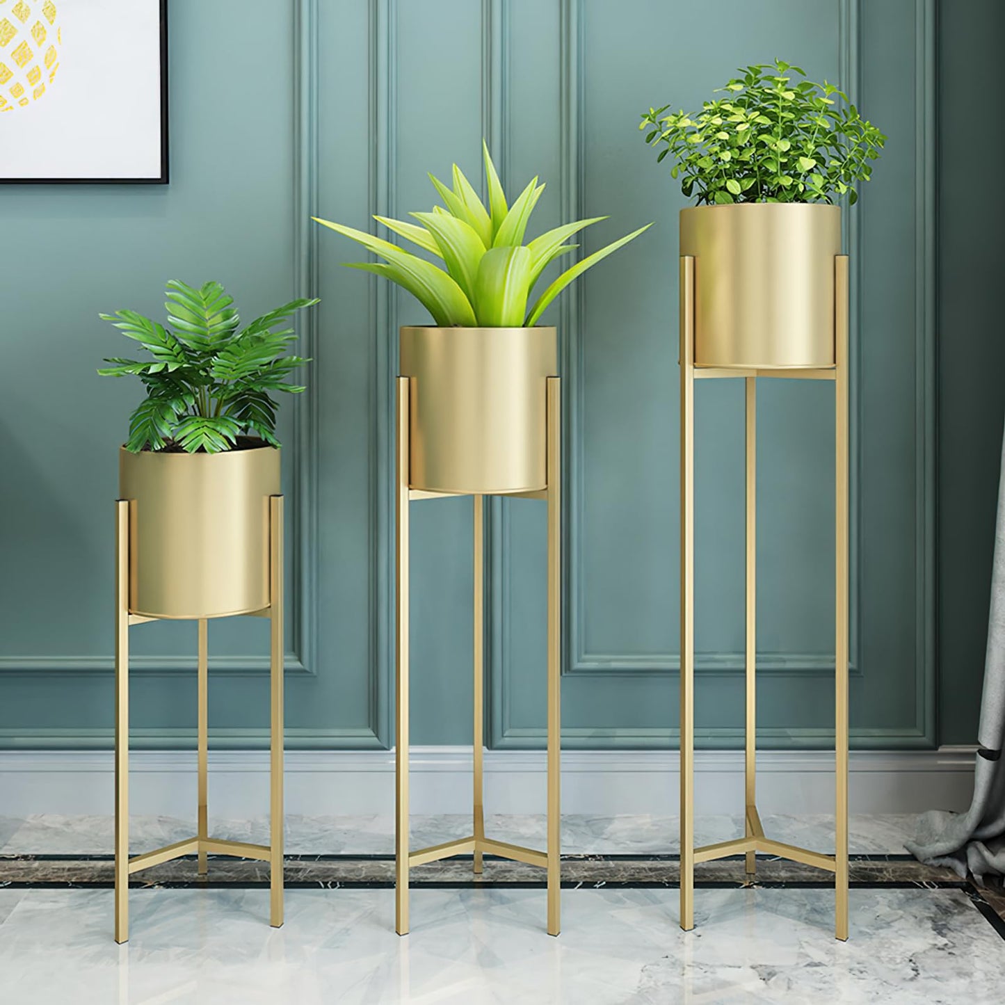 Myyixilau Gold Metal Plant Stand Set, Modern Minimalist Floor Standing Planter Holder with Cylindrical Pot, 3 Piece Indoor Decorative Flower Rack