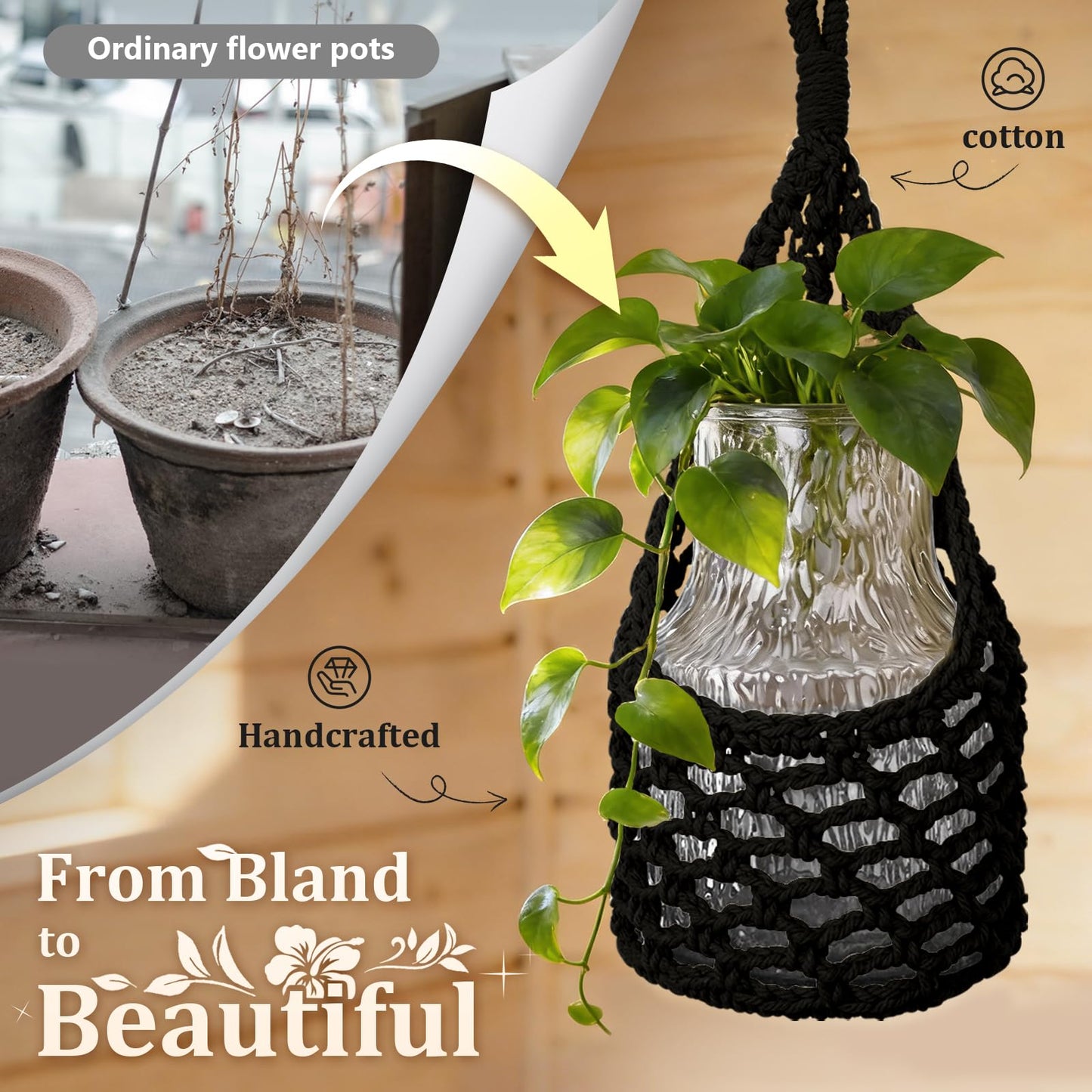 HOREAKHJ Macrame Wall Plant Hanger, Hanging Planter Basket Holder, Wall Planters for Indoor Plants, for Up to 6 Inch Pot (Black, 6-Inch)
