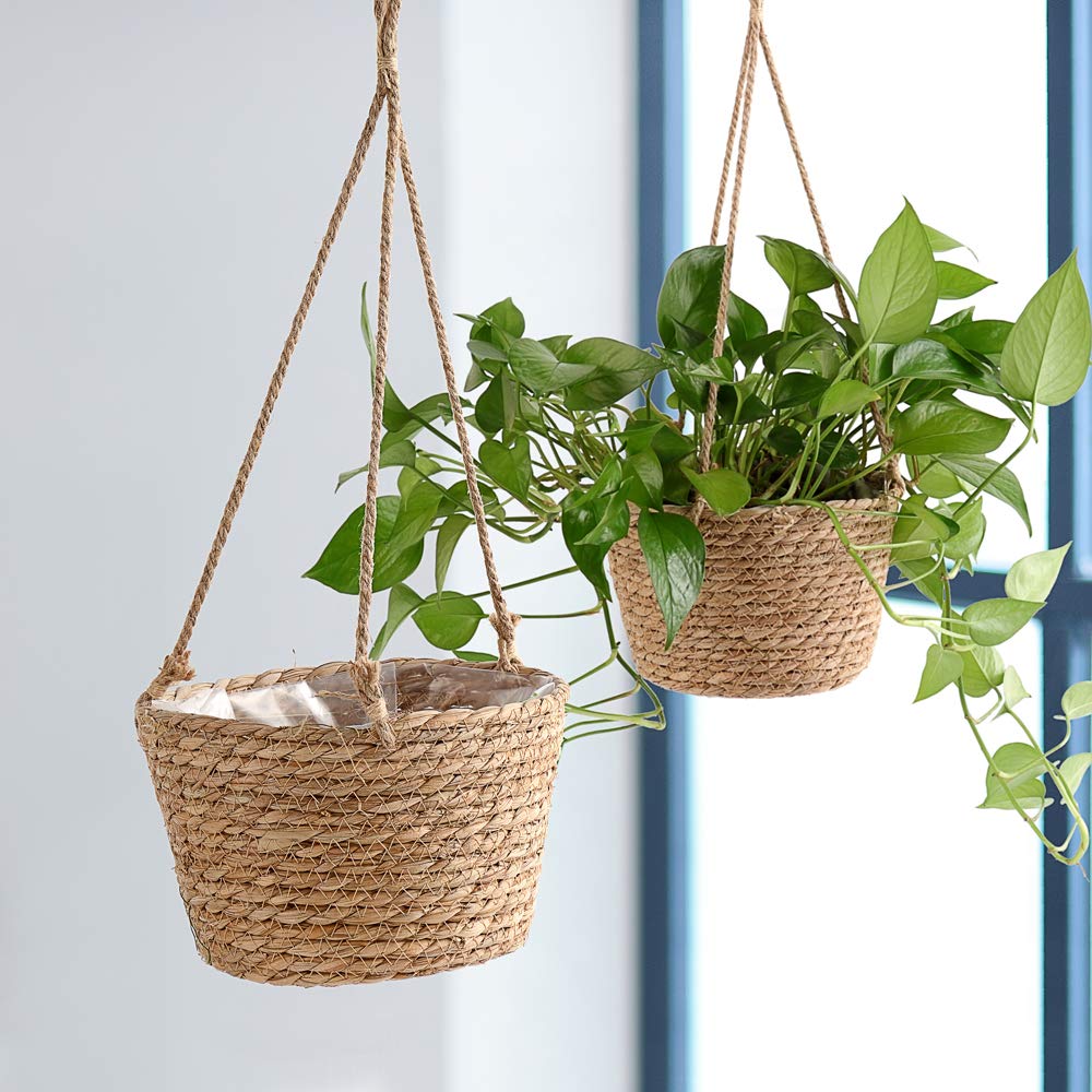 HAOHIZE Hanging Planters for Indoor Plants, Hanging Planter with Jute Rope Woven Hanging Flower Pots Hanging Plant Holder Hanging Basket Retro Style Straw Basket for Office Party (1 Pack)