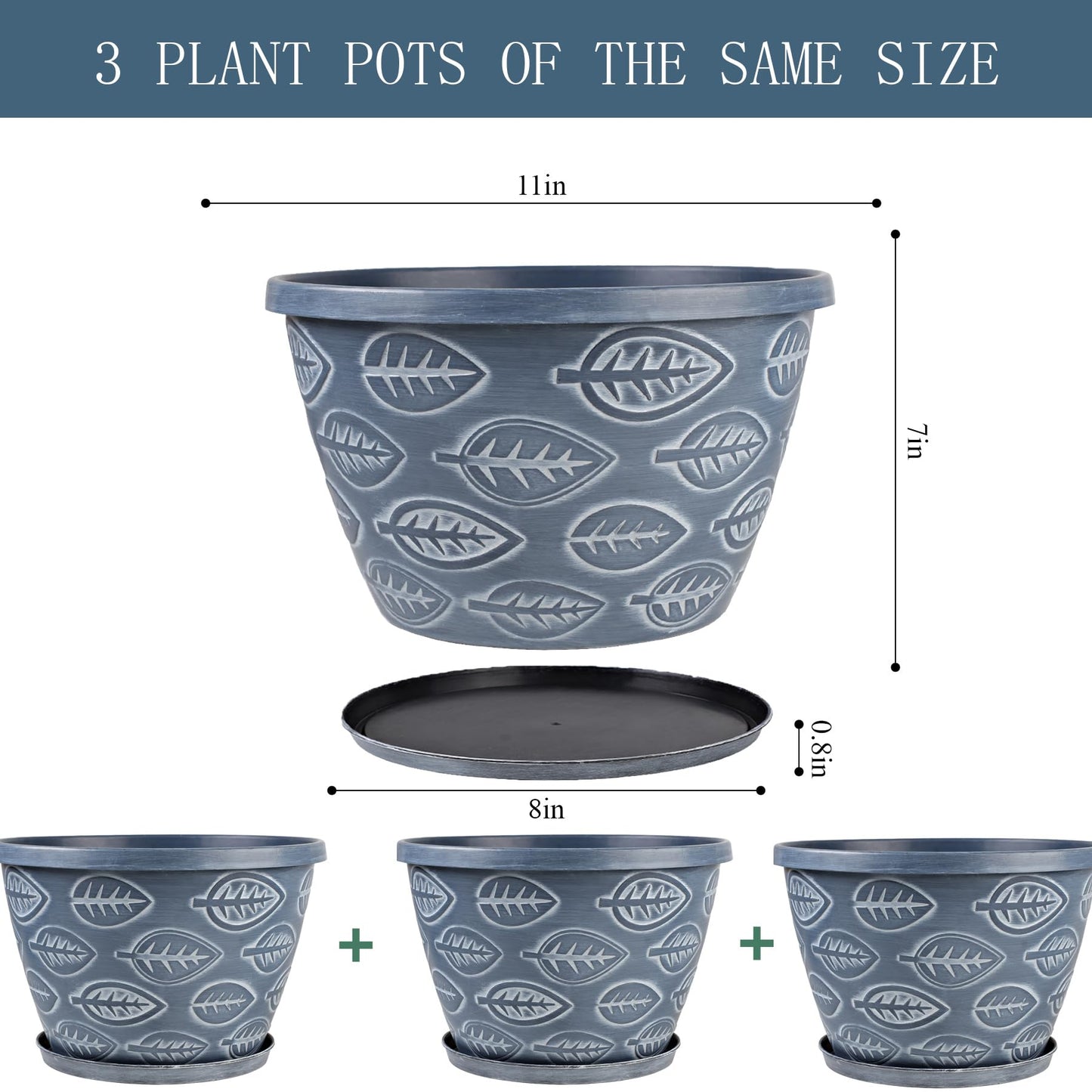 Nooulap Outdoor Flower Pots for Plants Set of 3 Pack 11 Inch Planter Pot, Large Plastic Plant Pots Indoor Plants with Drainage Holes & Trays, Modern Decorative Garden Containers Sets for House(Blue)