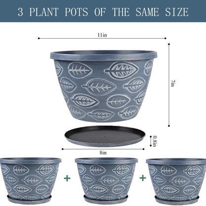 Nooulap Outdoor Flower Pots for Plants Set of 3 Pack 11 Inch Planter Pot, Large Plastic Plant Pots Indoor Plants with Drainage Holes & Trays, Modern Decorative Garden Containers Sets for House(Blue)