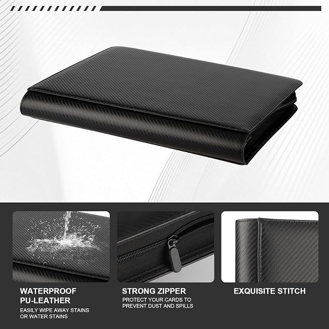 Toploader Binder,Trading Card Binder Storage Hold up 288 Cards 9-Pocket Top Loader Binder with Sleeves for 3"x4" Rigid Toploaders Hard Cases (9Carbon Fiber Black)