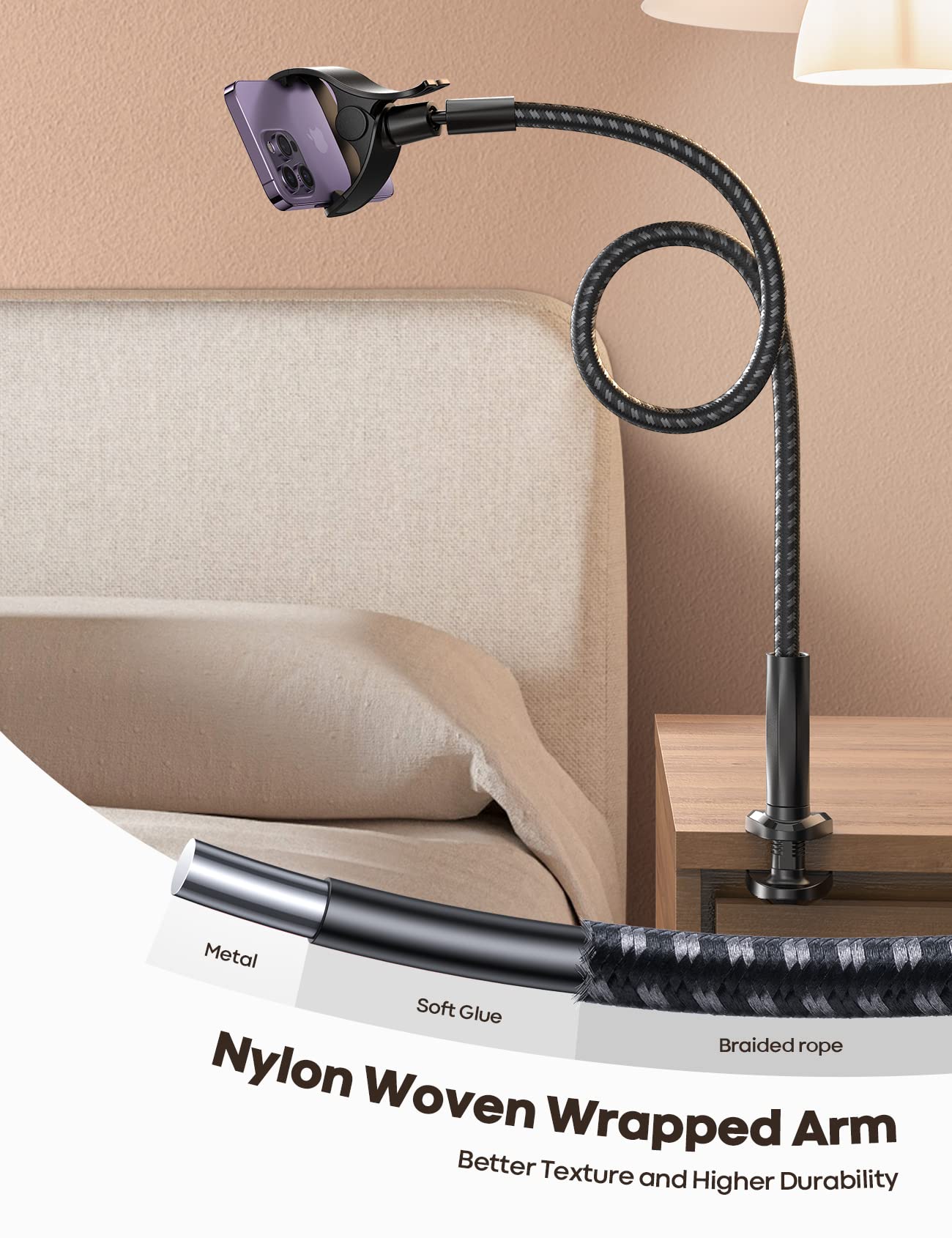 Lamicall Gooseneck Phone Holder Bed - [Nylon Braided] Flexible Arm, 38inch Overall Length, 360 Adjustable Clamp Clip, Overhead Cell Phone Mount Stand for Bed, Desk, 4-7” Cellphone, Gifts