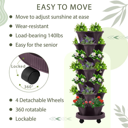 Umigy 2 Set Espresso Brown 7 Tier Vertical Planter Stackable Tower Planters Strawberry Herb Flower and Vegetable Pots Indoor Outdoor Gardening Pots with Removable Wheels and Tools