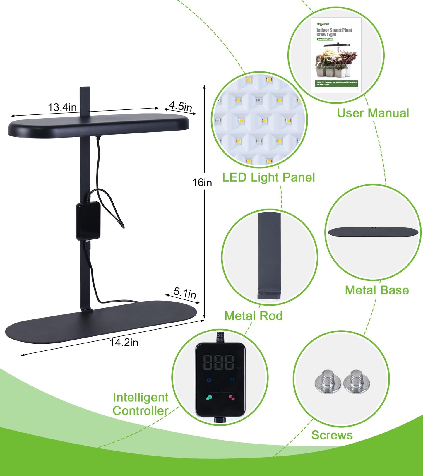 DRYADES Grow Lights for Indoor Plants, 20W Full Spectrum LED Grow Lamp for Indoor Garden with Intelligent Controller, Height Adjustable, Ideal for Home Desk Plant Lighting (Black, Metal Base)