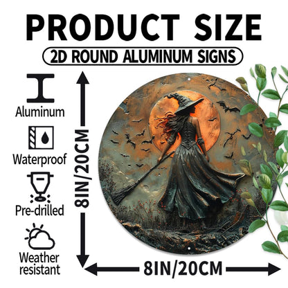 Classic Witch on Broomstick Round Aluminum Sign Halloween Autumn Wall Hanging Decorative Signs & Plaques 8x8 Inch Rustic Style Wall Decor for Halloween, Autumn, Living Room, Bedroom