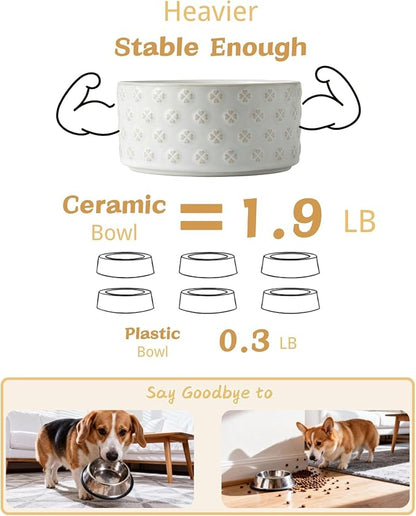 TRUVIC Ceramic Dog Bowl Set of 2 with Wood Stand, Jun Blanc Daisy & Clover Relief Dog Food and Water Bowl Set, 3.5 Cup/28 oz Puppy Food Bowls for Medium Dogs, Dishwasher Safe
