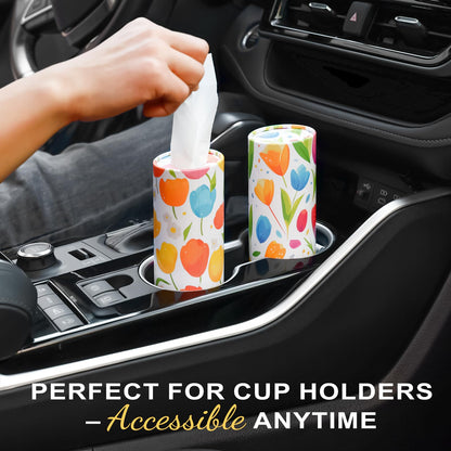 GOMEW Car Tissue Holder (4 PK) - 50 3-Ply Tissues per Cylinder, Fits Car Cup Holders, Portable Travel Tubes Box Container, Tulip Design, Round Tissue Container for Car Accessories