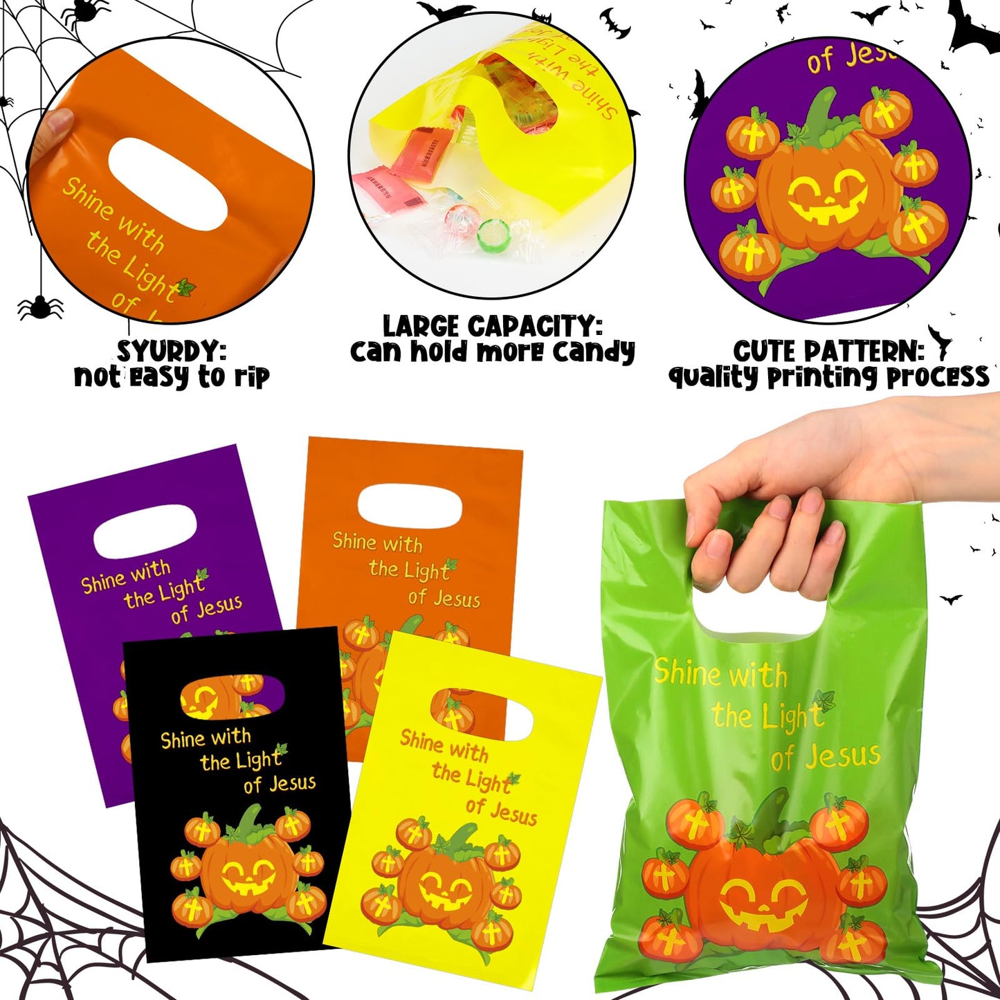 Tenceur 300 Pcs Halloween Religious Pumpkin Candy Bags for Kids Bulk Christian Jesus Bible Gift Goody Halloween Bags for Party Favor