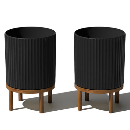 Veradek Demi Series Round Planter w/Stand for Porch/Patio | Durable Plastic-Stone Composite & Wooden Stand | Modern Décor for Tall Plants, Flowers