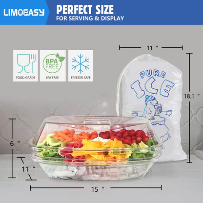 LIMOEASY Chilled Serving Tray, 15" Clear Plastic Party Platter with 4 Compartments, Ice Serving Bowl with Lid, Shrimp Cocktail Serving Dish, Cold Food Buffet Server for Fruit, Veggie, Appetizer, Sushi