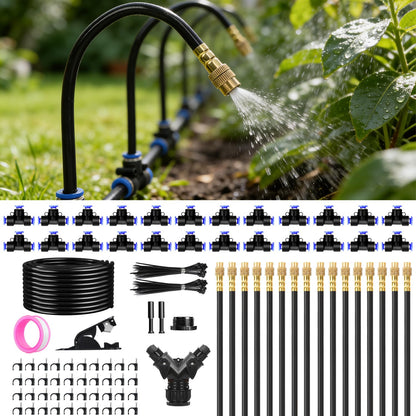KUJIMIEDA 100FT 1/4" Drip Irrigation System, 2026 Upgrade Garden Irrigation Kit with 24pcs 360° Adjustable Copper Nozzles, DIY Watering System for Raised Beds, Yard, Lawn, Vegetable Gardens (100 ft)