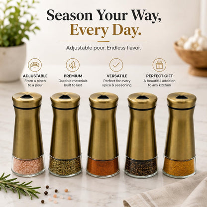 Elegant Gold Salt and Pepper Shaker Set Adjustable Pour Holes Stainless Steel and Glass Modern Design Adjustable Top Makes it the ideal Spice and Seasoning Dispenser Kitchen Sugar and Cinnamon Shakers
