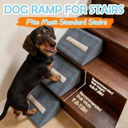 Foam Dog Ramp for Stairs, Low-Impact Climbing Dog Stairs for Senior Dogs | 5.1"H, 3 Pack, 40D High-Density Foam Won't Collapse, Protects Joints, Anti-Slip & Self-Sticky Pads, Washable Cover, Grey