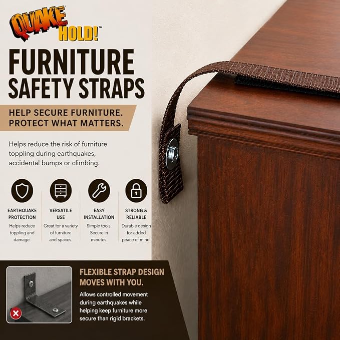 QuakeHOLD! Furniture Strap Kit, Antique Brown Anti Tip Wall Anchors, 15 Inch Nylon Safety Straps for Bookcases, Dressers, Cabinets, Shelves & Earthquake Preparedness